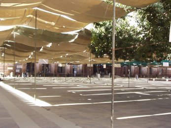 Tents span the courtyard in preparation for the reception of delegations from all over India and numerous foreign countries, arriving at the annual congregation of the Tablighis in Bhopal, India in 2002.