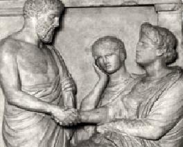 Funerary relief of Thraseas and Euandria, Cast Collection of Ancient Sculpture, Free University of Berlin. The portrayal symbolizes the bonding of the deceased with the society of the living.
